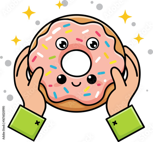 Hands Holding a Happy Donut with Sprinkles Icon Sweet Treat Joy