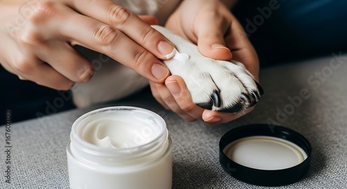 Applying Paw Balm to Dog for Dry Paws Cracking and Protection Moisturizing Cream for Canine Care with Home Treatment and Veterinarian Recommended Product for Animal Wellness