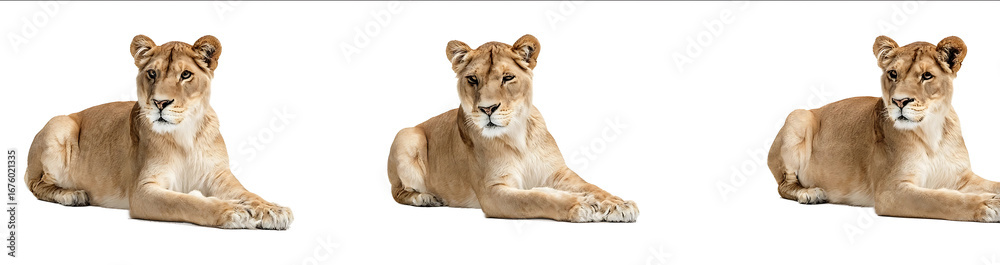 Fototapeta premium Set of three photographs a lioness sitting on a white background full body high detail hyperrealistic professional photography studio lighting