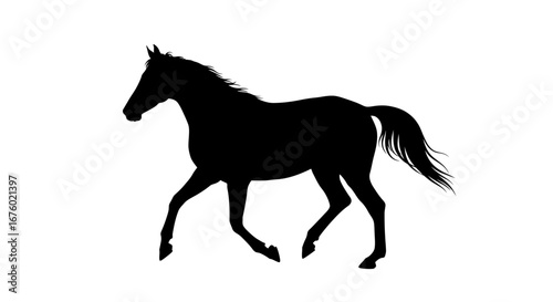 Elegant black silhouette of a trotting horse in profile view.