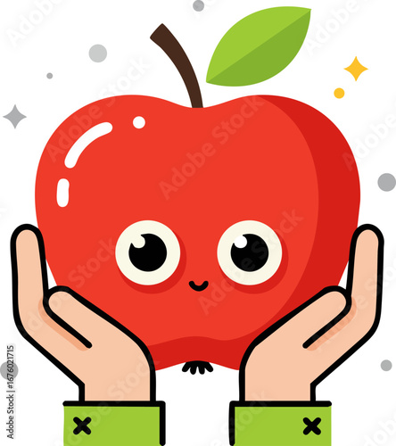 Hands Holding Red Apple with Happy Eyes Healthy Eating