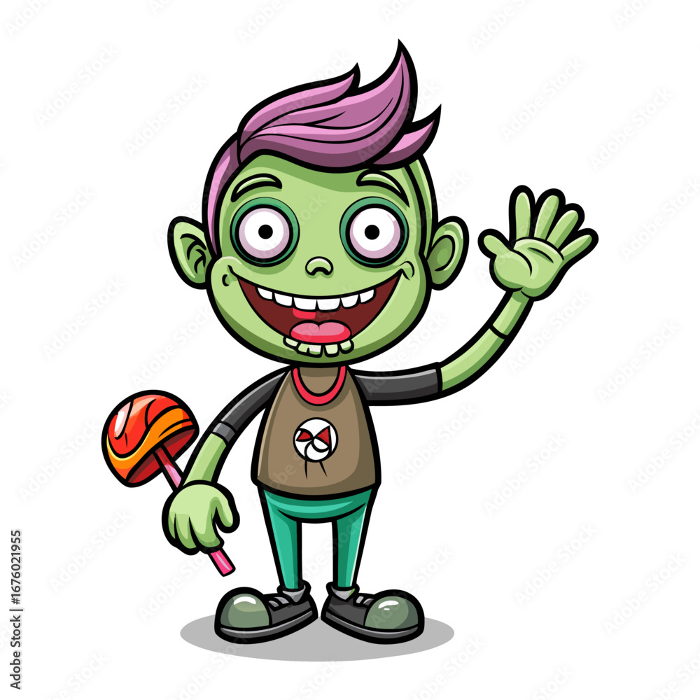 Fototapeta premium Cute friendly zombie character waving happily with glowing candy, Halloween spooky illustration, fun cartoon monster vector art design