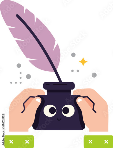 Hands Holding Inkwell and Quill with Thoughtful Eyes Writing