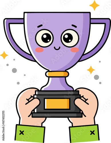 Hands Holding Gold Trophy with Proud Eyes Victory Award