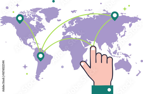 Global network connections with world map and hand pointing to destination