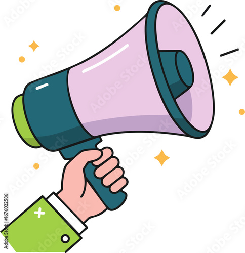 Hand holding a megaphone for announcement or promotion
