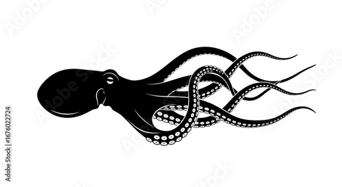Silhouette of a Detailed Black Octopus with Tentacles.