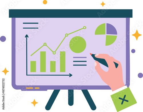 Hand writing on presentation board with charts for business
