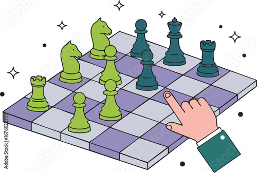 Hand moving a chess piece on a chessboard for strategy