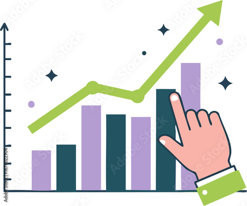 Hand pointing at a rising line and bar graph showing trends