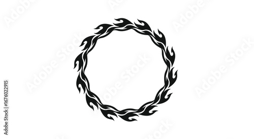 A circular frame of stylized black tribal flames forming a ring of fire.