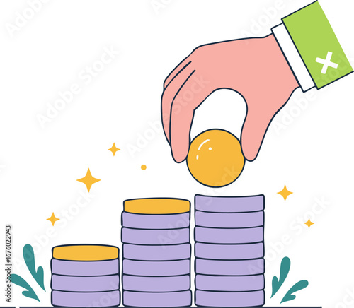 Hand putting coin on stack of coins for financial growth
