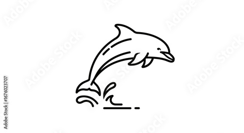 Simple black line art icon of a dolphin jumping out of the water with a splash.