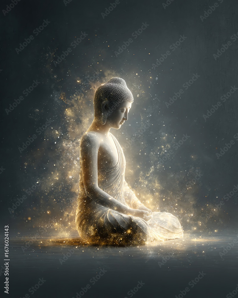 Naklejka premium A Buddha figure made from constellations, golden light forming outline, dark galaxy background with radiant cosmic dust
