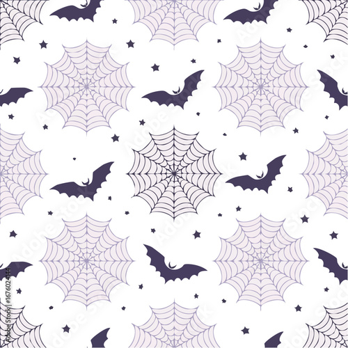 Seamless Halloween pattern with bats, spider webs, and stars design.