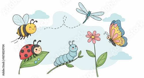 Vector illustration showcasing the charming concept of a garden ecosystem with friendly cartoon insects like a bee, butterfly, and caterpillar