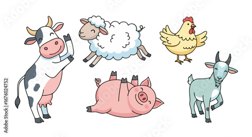 Adorable collection of various domestic farm animals in a playful cartoon style. Hand-drawn illustrations of a cow, sheep, pig, hen, and goat for kids