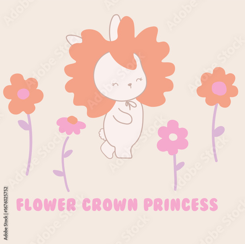 Cute bunny graphic wondering in garden  flower crown princess simple and cute graphic for baby girls t- shirts.background on cream.