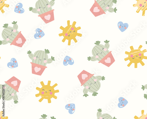 Cute cactus pattern, hand-drawn, print for textiles, vector illustration on cream background print for textiles.