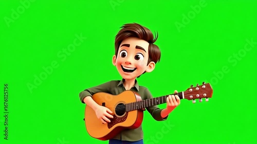 Joyful animated boy strumming acoustic guitar with a big smile on green screen