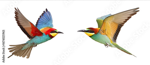 Colorful flying parrot and colorful beeeater bird isolated on a white background detailed photograph PNG format