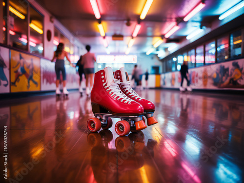 Vibrant red roller skates sit on a polished floor in a brightly lit roller skating rink with neon lights and blurred figures in the background