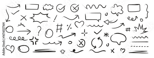 Line marker hand drawn brush arrow element set. Hand drawn sketch doodle style arrow, cross, heart, cloud, chat box, star with marker stroke pencil highlight. Vector illustration