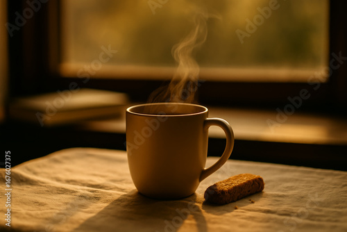 Warm morning light on steaming coffee cup with biscotti and book near sunlit window
