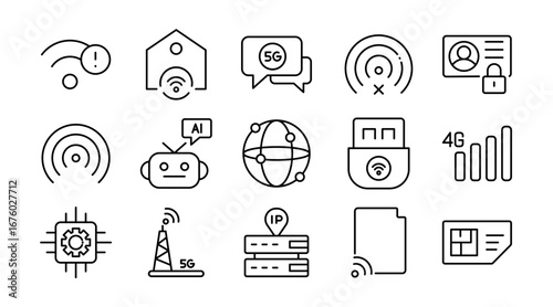 Communication and network linear icon set. Wireless signals, Wi-Fi, internet, routers, devices, cloud, connectivity, technology, online data transfer, vector outline icon pack.
