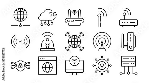 Online connectivity linear icon set. Wireless network, Wi-Fi, internet, cloud, data, devices, routers, signals, communication, technology, vector thin line UI icons pack.