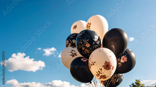 Bunch of black and white floral pattern balloons against clear blue sky, outdoor summer party, retro romantic aesthetic.