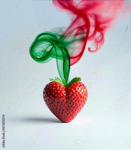 A heart-shaped strawberry enveloped in green and red smoke, a fruity composition inspired by passion.