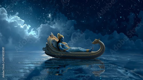 Cinematic portrait of Lord Vishnu reclining on the cosmic serpent Shesha in the milky ocean, with Goddess Lakshmi at his feet, serene and celestial scene.
