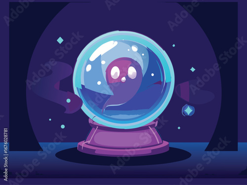 Whimsical Ghost Trapped in a Crystal Ball with Purple Base and Sparkly Background Perfect for Halloween or Fantasy Illustration Projects