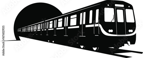 Silhouette of a subway train exiting a dark tunnel, representing urban transportation isolated on white background