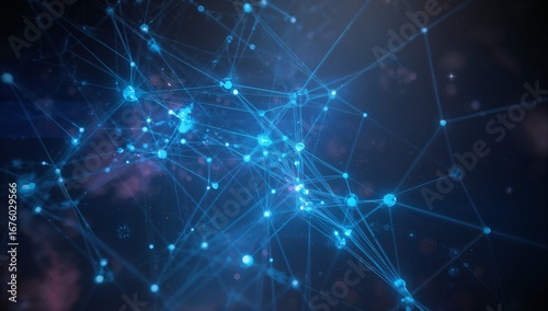 Abstract visualization of glowing digital network connections forming the web of blue nodes and lines against a dark cosmic background, illuminated featuring soft futuristic light