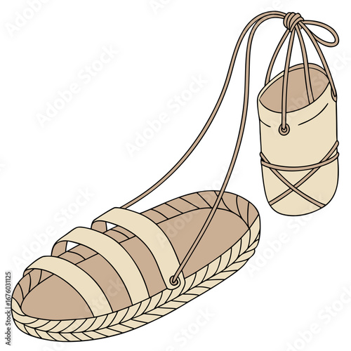 A simple illustration of a traditional espadrille sandal with a matching ankle strap and a small woven pouch