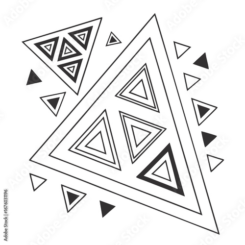 Abstract geometric pattern with nested triangles and scattered shapes in black and white