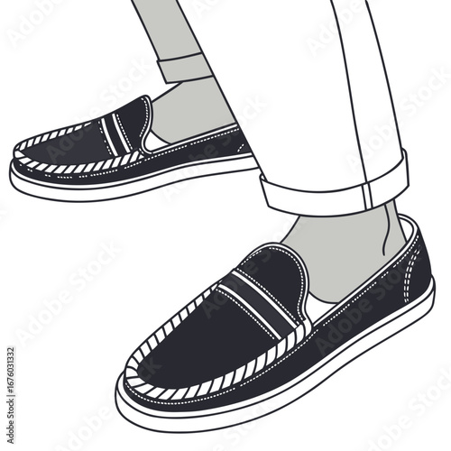 Close up of a person wearing dark blue slip on loafers with rolled up pants