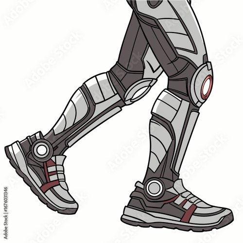 Close up of futuristic robotic legs and feet with advanced cybernetic enhancements