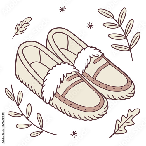 Cozy beige moccasin slippers with fluffy trim and decorative leaves and snowflakes