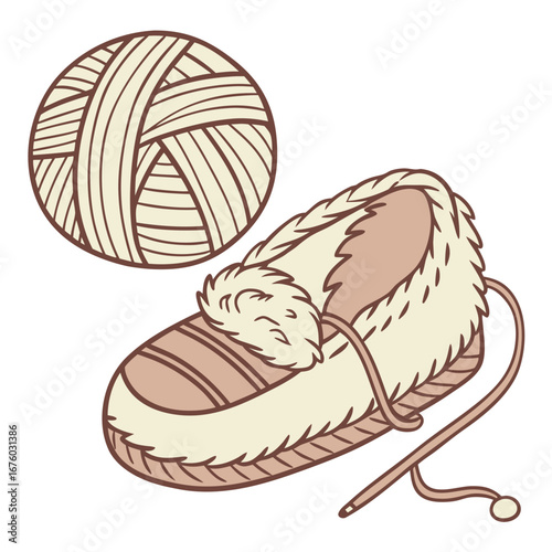 Cozy moccasin slipper with a ball of yarn for knitting or crocheting