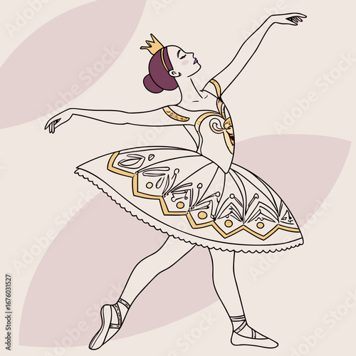 Elegant ballerina wearing a crown and tutu performs a graceful ballet pose