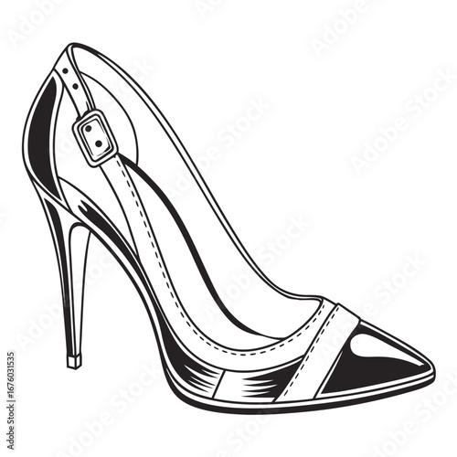 Elegant black and white illustration of a high heel shoe with a strap and buckle