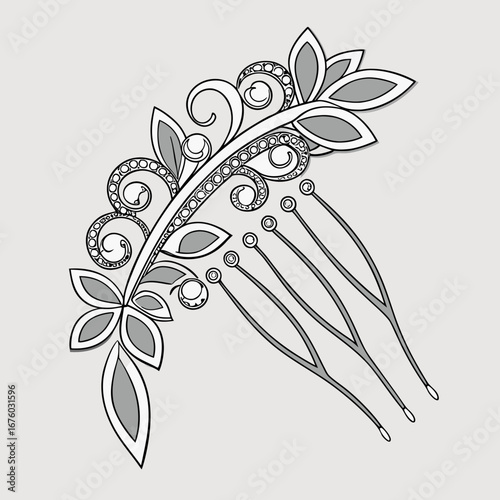 Elegant decorative hair comb with floral and swirling filigree design in gray and white