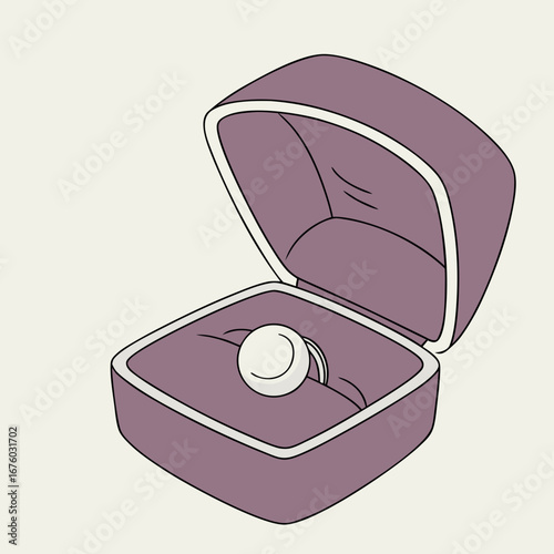 Elegant pearl ring presented in an open purple velvet jewelry box