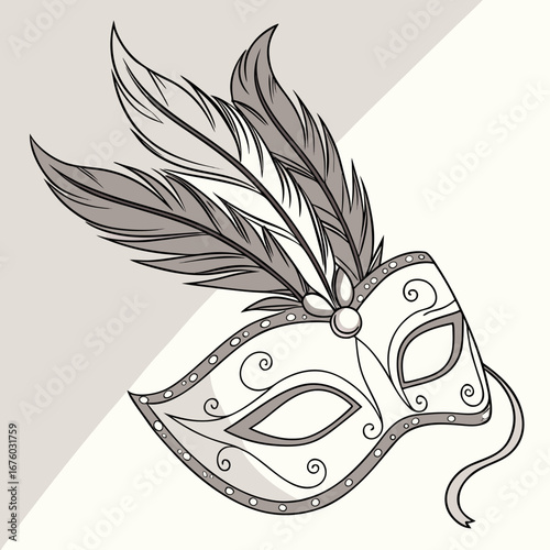 Elegant venetian mask with feathers and ornate swirls on a light background