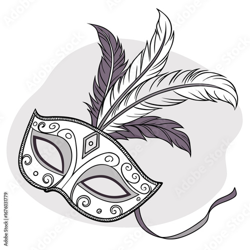 Elegant venetian masquerade mask with feathers and swirls on a soft gray background