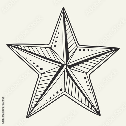 Hand drawn nautical star with geometric patterns and dots on a cream background