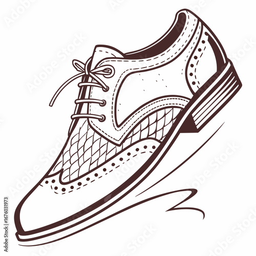 Hand drawn illustration of a classic wingtip brogue shoe with intricate detailing and laces